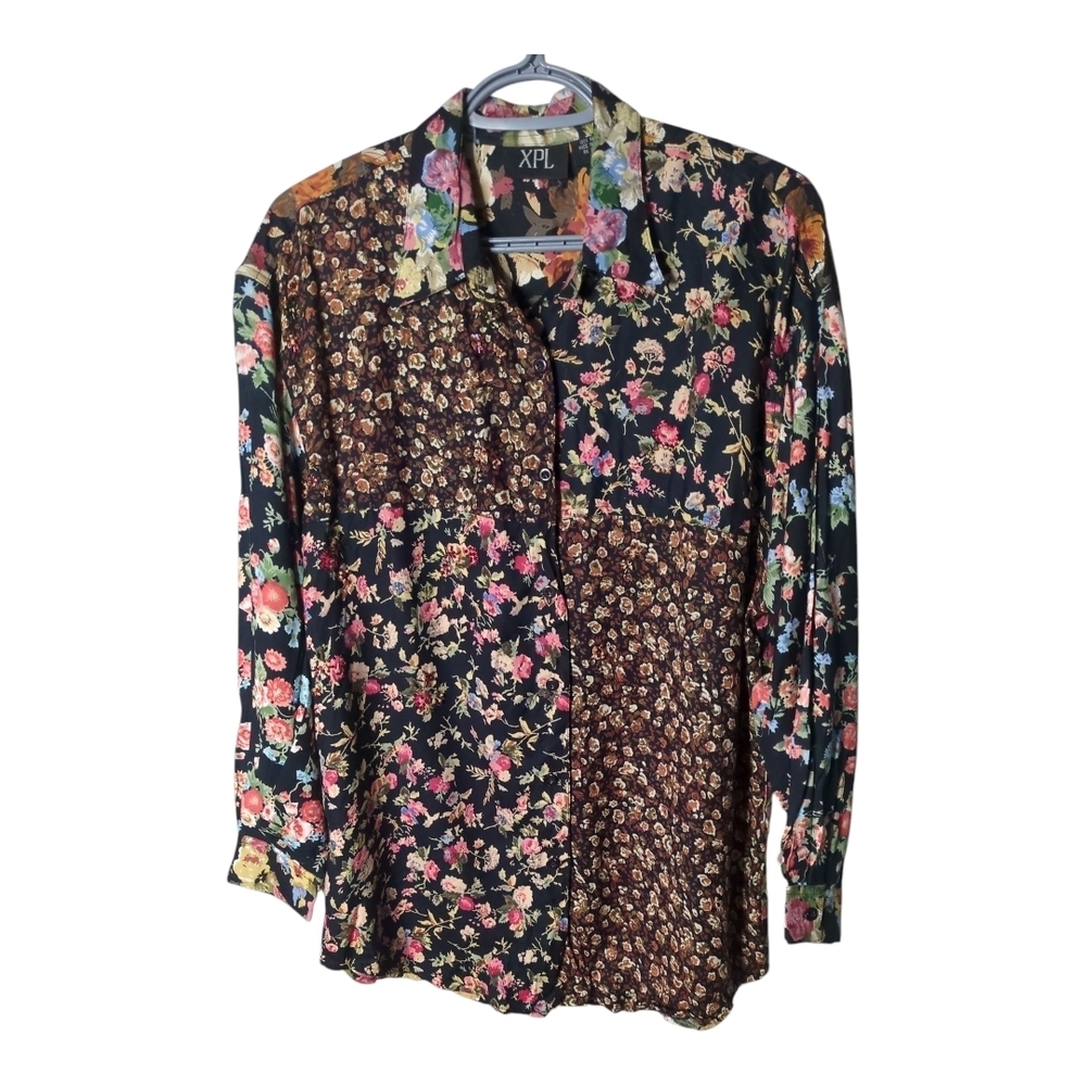 XPL Vintage Mixed Floral Embellished Button‎ Down Long Sleeve Blouse Size Medium